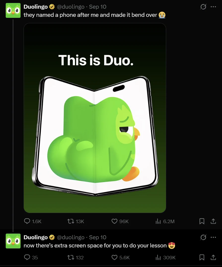 Duolingo viral response tweet reacting to Apple iPhone Duo announcement and brand keyword SERP cannibalisation