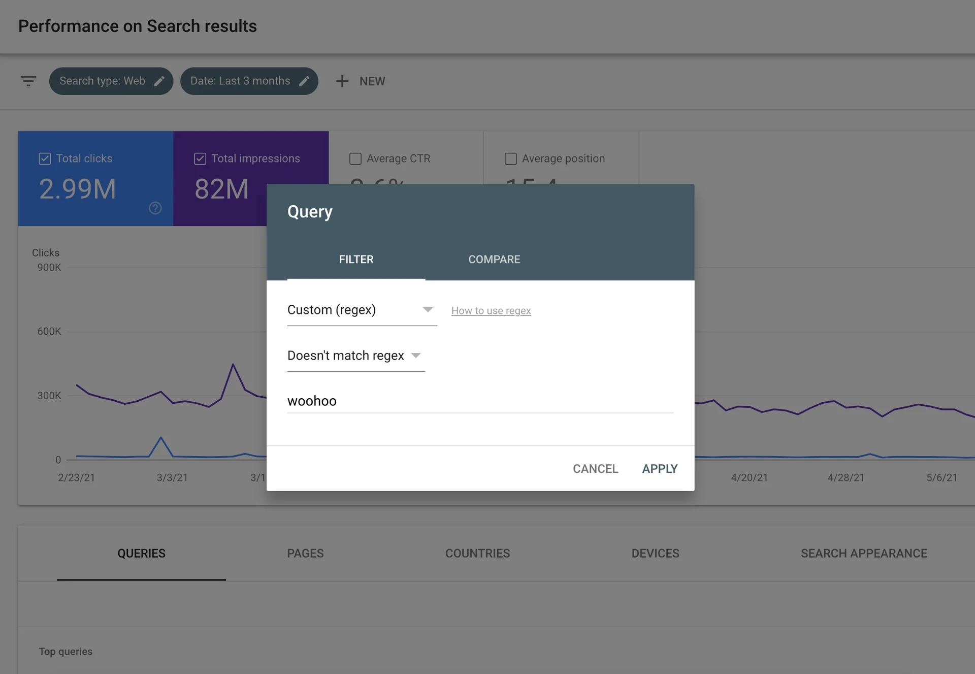 Google Search Console performance filter dialog using negative regular expressions to exclude brand variants and isolate non-branded search demand