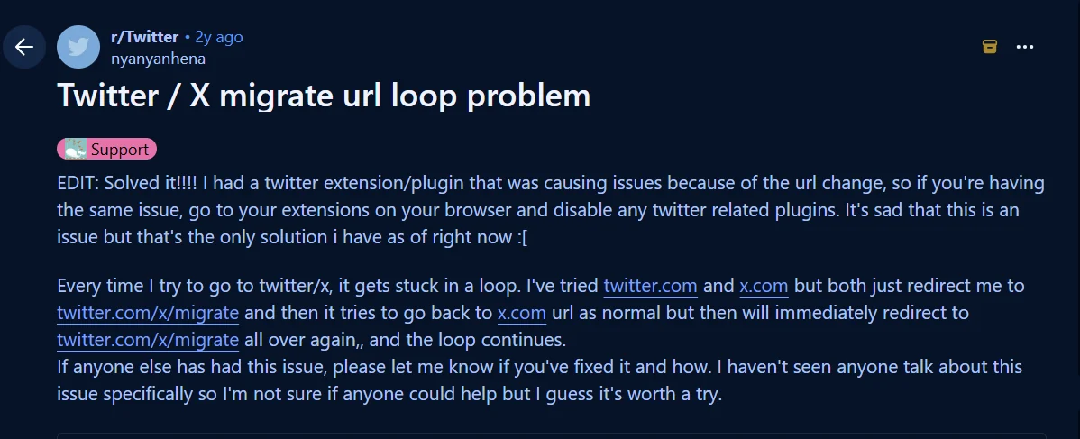 Reddit r/Twitter user thread documenting recurring twitter.com to x.com 302 redirect loops and client-side routing breakdown during domain migration